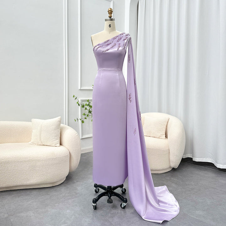 Dreamy Vow Arabic One Shoulder Lilac Dubai Evening Dresses with Cape Elegant Ankle Length Women Wedding Guest Party Gowns 273