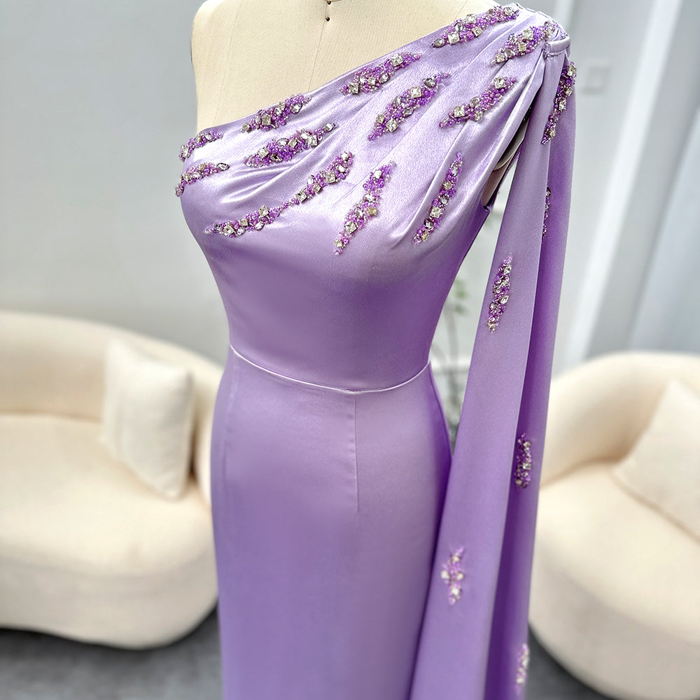 Dreamy Vow Arabic One Shoulder Lilac Dubai Evening Dresses with Cape Elegant Ankle Length Women Wedding Guest Party Gowns 273