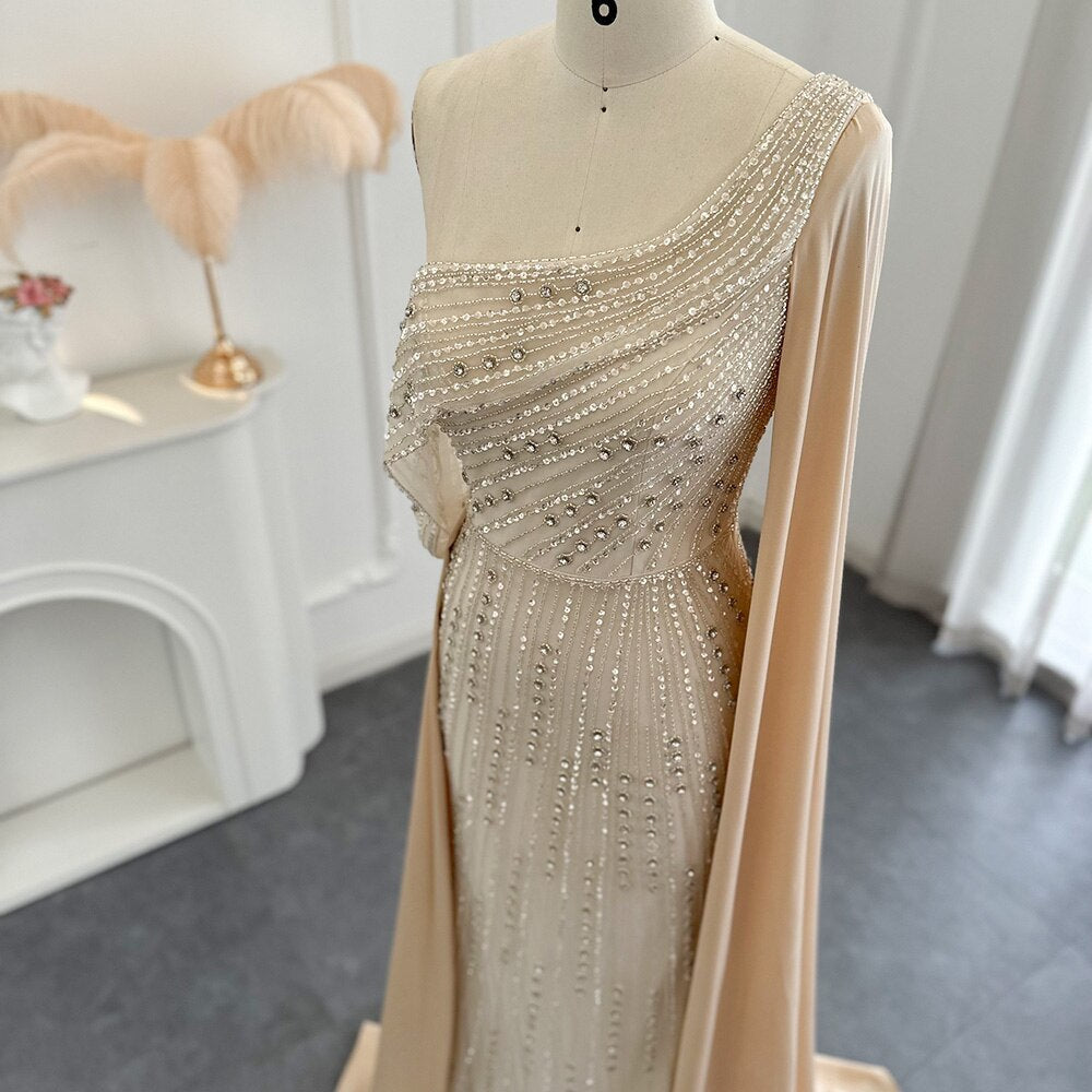 Dreamy Vow Arabic One Shoulder Mermaid Champagne Evening Dress Luxury Dubai Beaded Cape Sleeve Wedding Formal Party Gowns 316