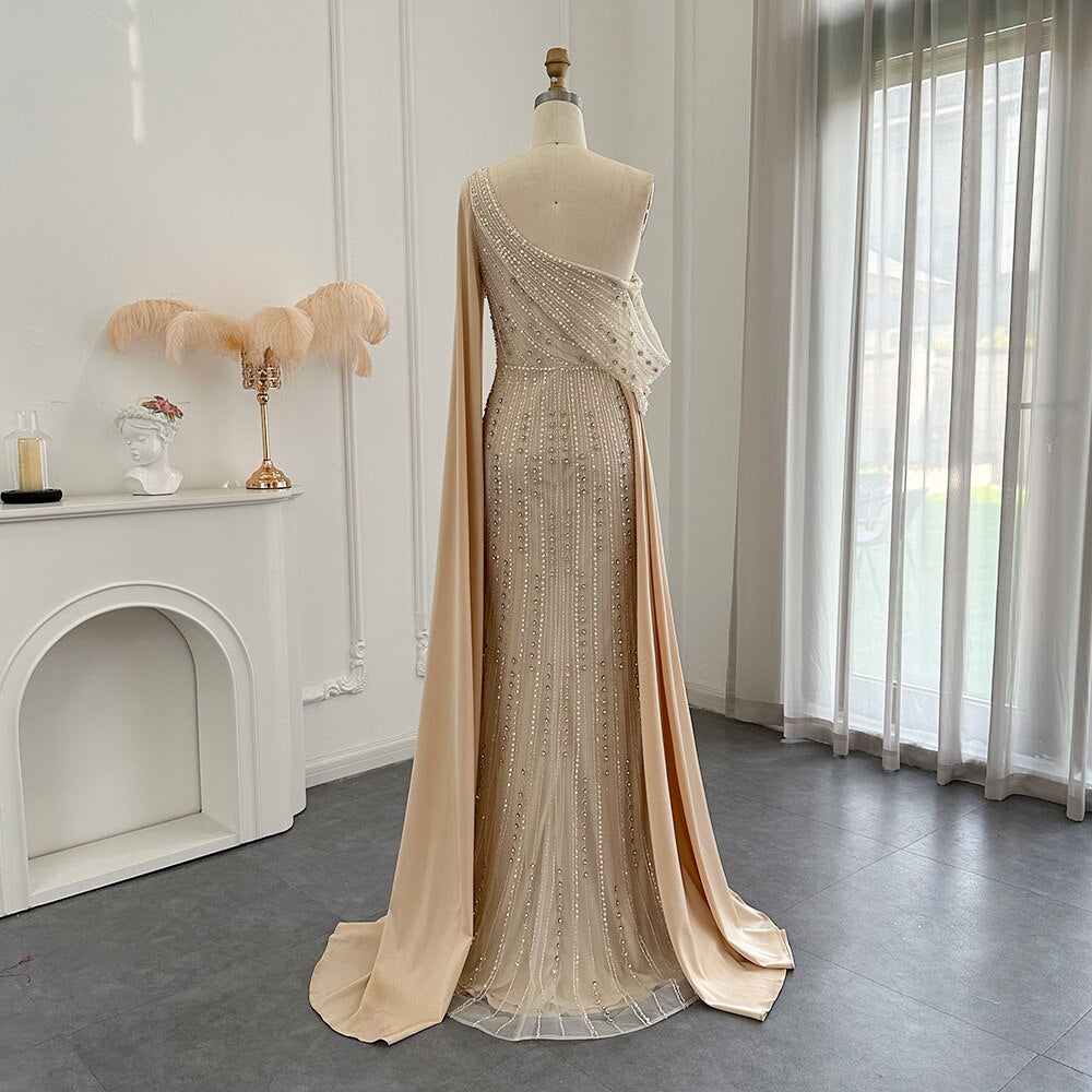 Dreamy Vow Arabic One Shoulder Mermaid Champagne Evening Dress Luxury Dubai Beaded Cape Sleeve Wedding Formal Party Gowns 316