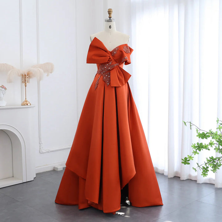 Dreamy Vow Arabic Orange Satin Dubai Evening Dress 2024 Elegant Off Shoulder Short Front Long Back Wedding Party Gowns SS338-DreamyVow