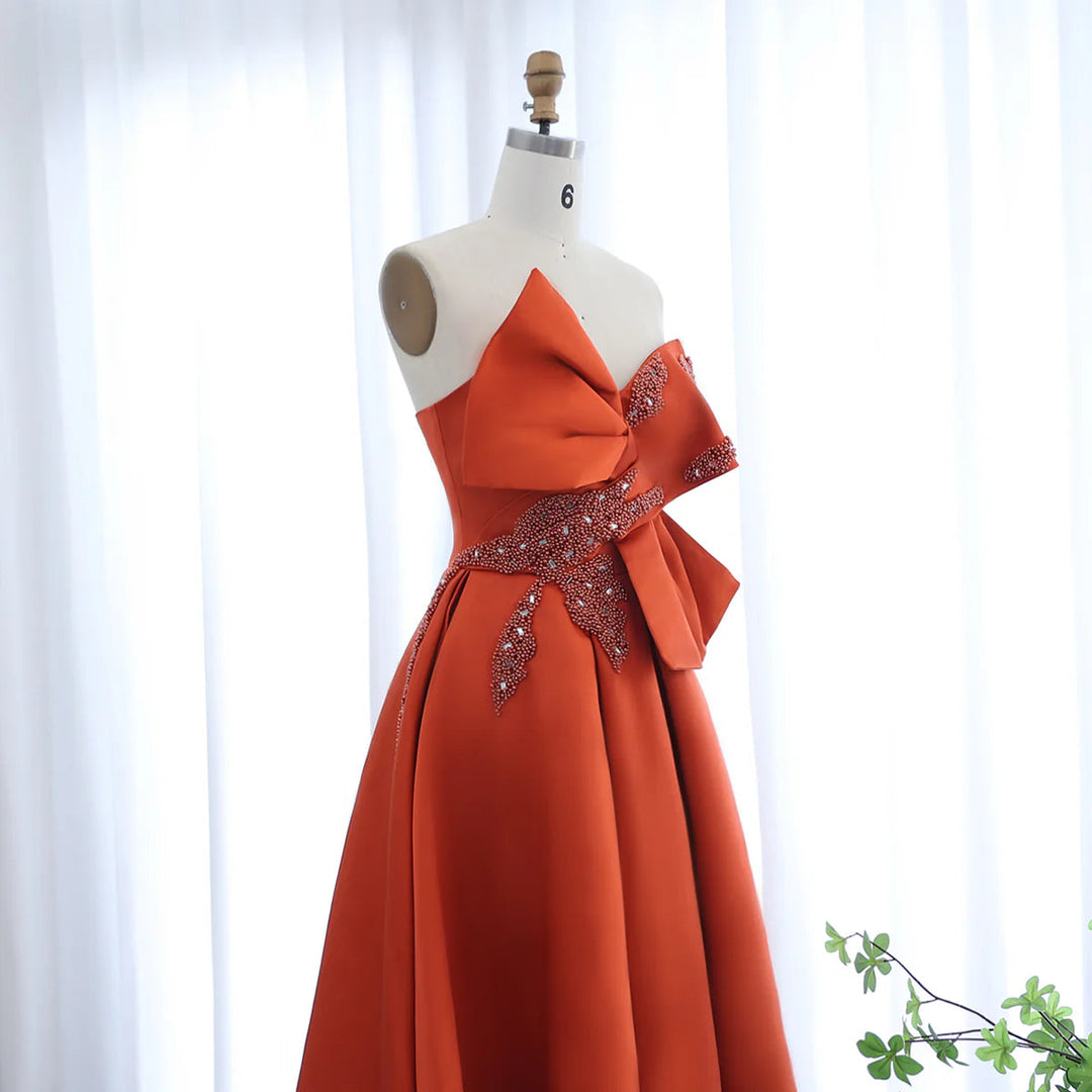 Dreamy Vow Arabic Orange Satin Dubai Evening Dress 2024 Elegant Off Shoulder Short Front Long Back Wedding Party Gowns SS338-DreamyVow