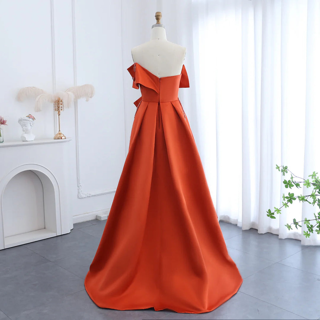 Dreamy Vow Arabic Orange Satin Dubai Evening Dress 2024 Elegant Off Shoulder Short Front Long Back Wedding Party Gowns SS338-DreamyVow