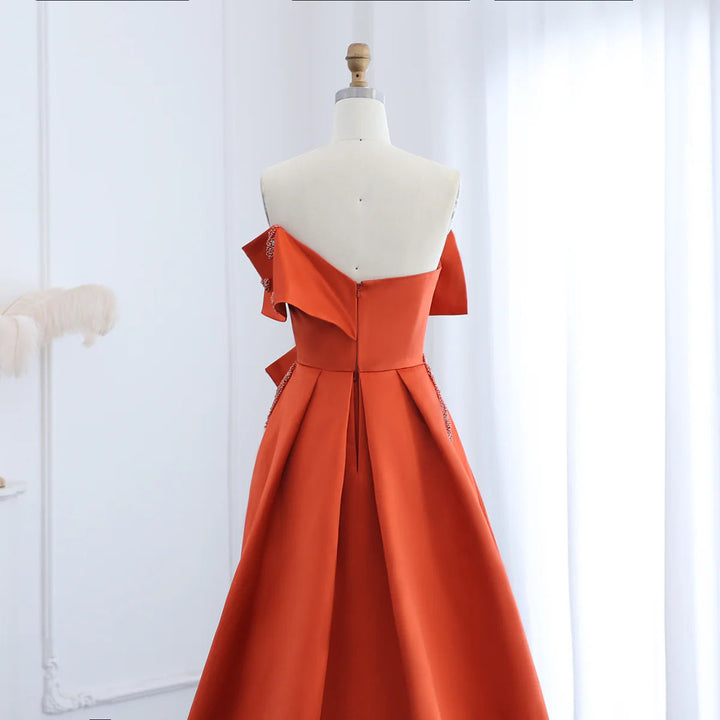 Dreamy Vow Arabic Orange Satin Dubai Evening Dress 2024 Elegant Off Shoulder Short Front Long Back Wedding Party Gowns SS338-DreamyVow