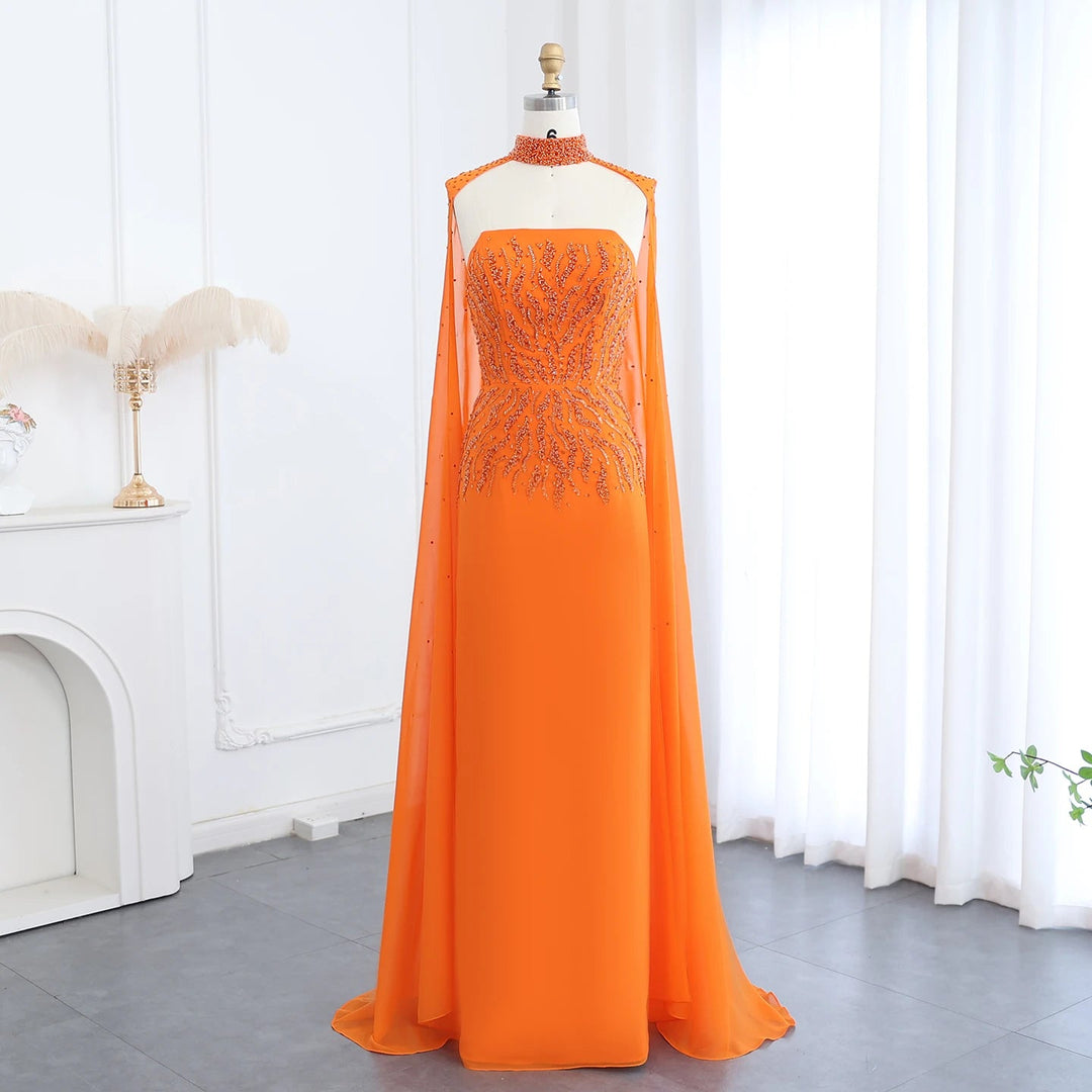 Dreamy Vow Arabic Orange Strapless Evening Dress with Cape Sleeve Women for Wedding Luxury Dubai Formal Party Gowns SS299-DreamyVow