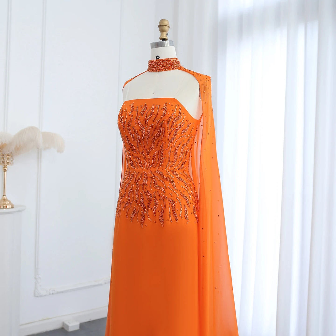 Dreamy Vow Arabic Orange Strapless Evening Dress with Cape Sleeve Women for Wedding Luxury Dubai Formal Party Gowns SS299-DreamyVow