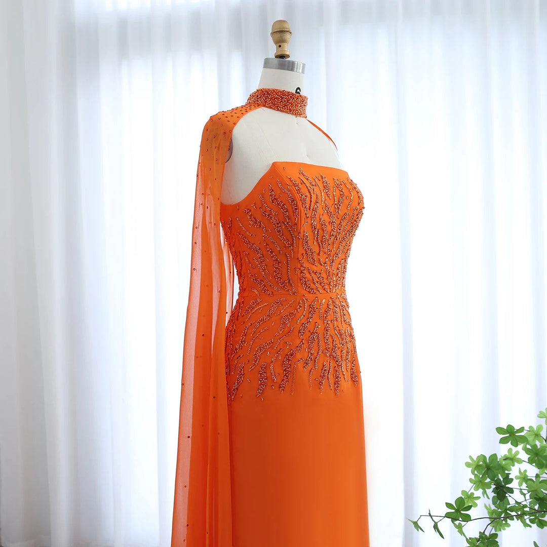 Dreamy Vow Arabic Orange Strapless Evening Dress with Cape Sleeve Women for Wedding Luxury Dubai Formal Party Gowns SS299-DreamyVow