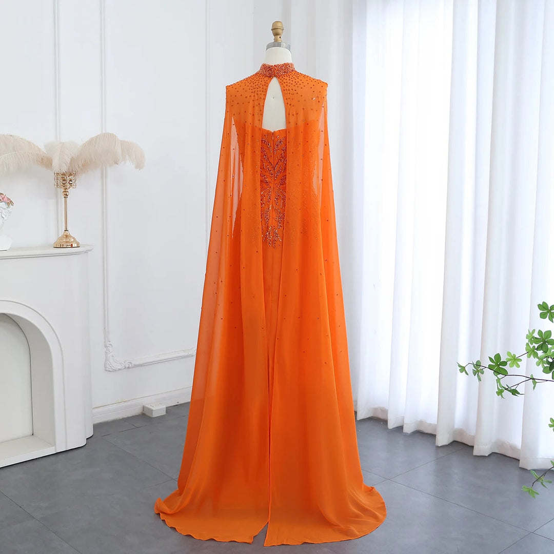 Dreamy Vow Arabic Orange Strapless Evening Dress with Cape Sleeve Women for Wedding Luxury Dubai Formal Party Gowns SS299-DreamyVow