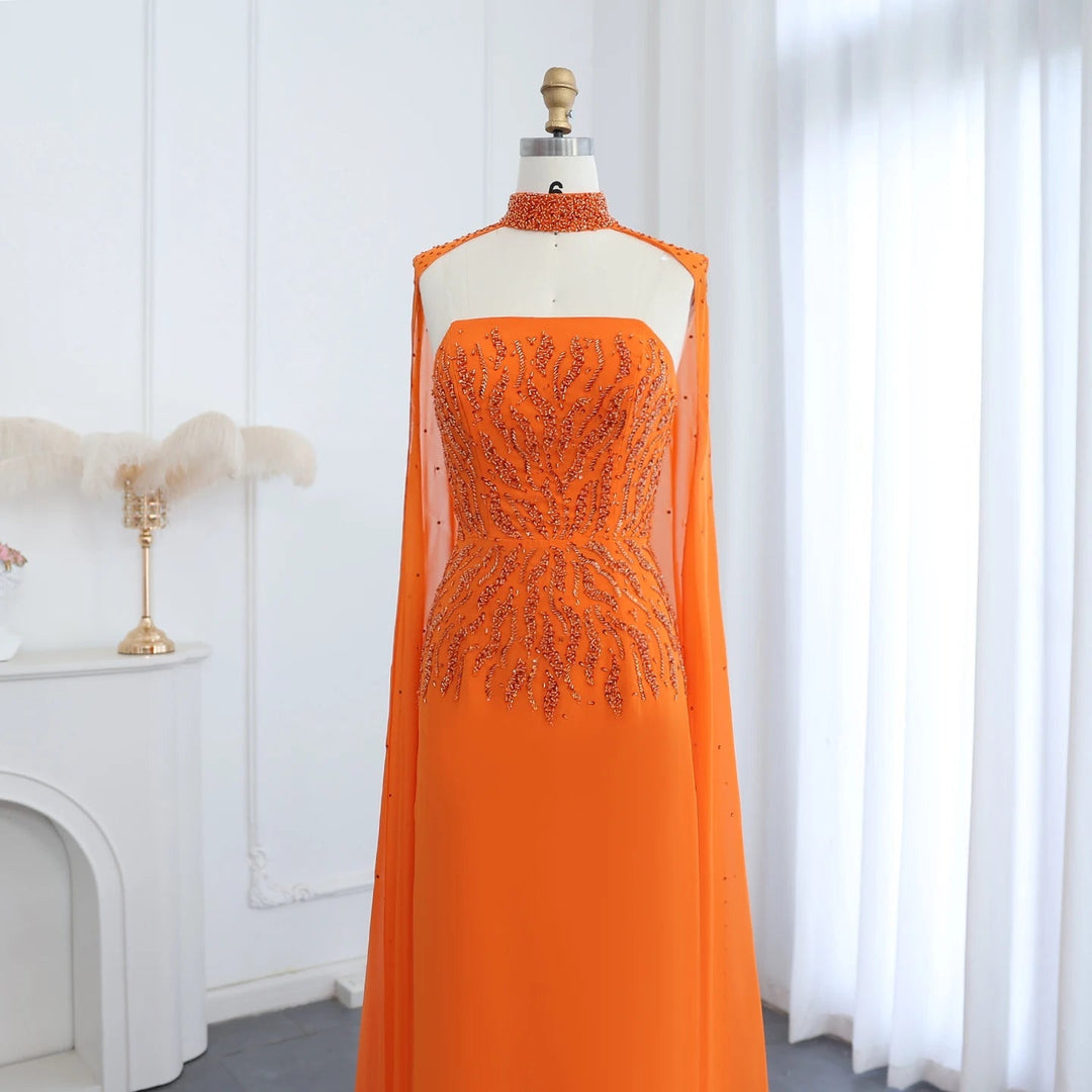 Dreamy Vow Arabic Orange Strapless Evening Dress with Cape Sleeve Women for Wedding Luxury Dubai Formal Party Gowns SS299-DreamyVow