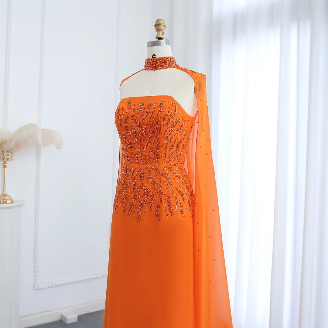 Dreamy Vow Arabic Orange Strapless Evening Dress with Cape Sleeve Women for Wedding Luxury Dubai Formal Party Gowns SS299-DreamyVow