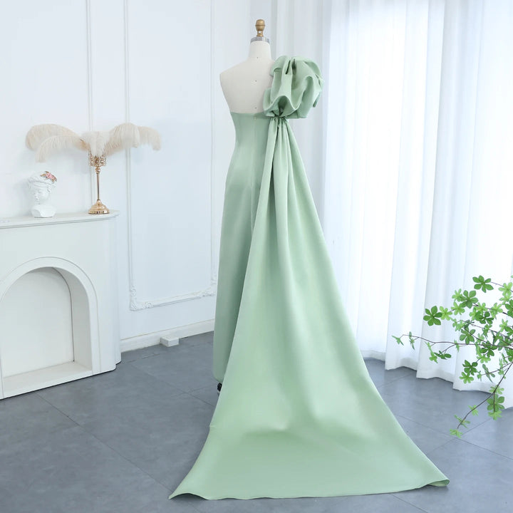 Dreamy Vow Arabic Sage Green One Shoulder Evening Dress with Cape Luxury Crystal Tassel Dubai Wedding Party Gowns SS368-DreamyVow