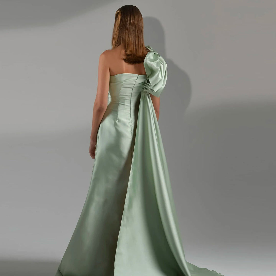 Dreamy Vow Arabic Sage Green One Shoulder Evening Dress with Cape Luxury Crystal Tassel Dubai Wedding Party Gowns SS368-DreamyVow