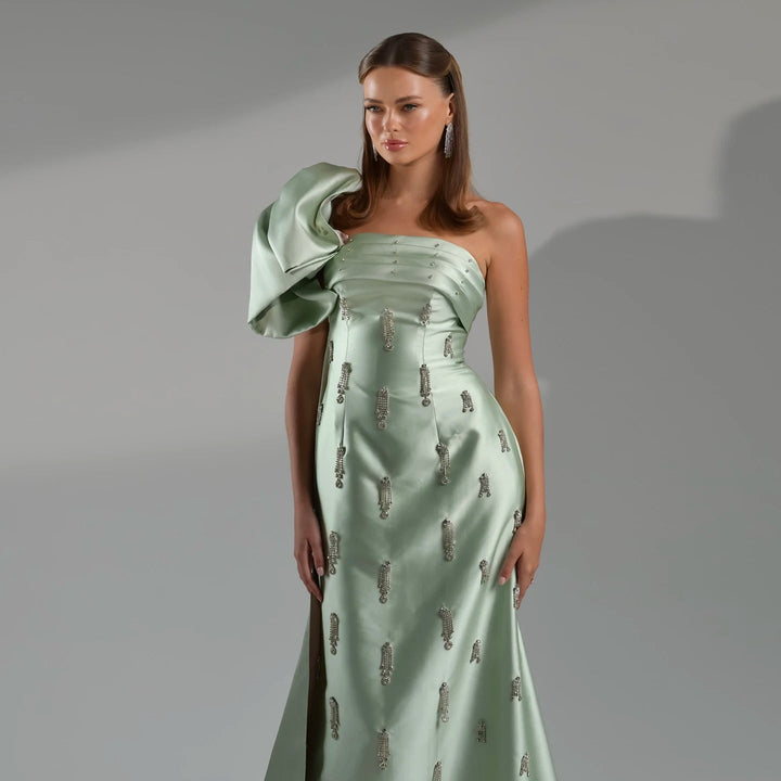 Dreamy Vow Arabic Sage Green One Shoulder Evening Dress with Cape Luxury Crystal Tassel Dubai Wedding Party Gowns SS368-DreamyVow