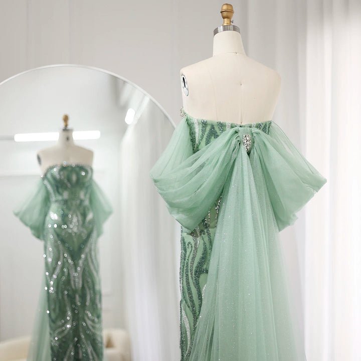 Dreamy Vow Arabic Strapless Sage Green Evening Dresses with Cape Sleeves Dubai Crystal Midi Women Wedding Party Gownns SS345-DreamyVow