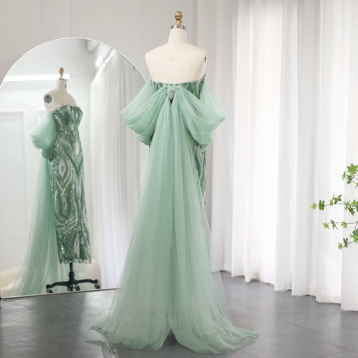 Dreamy Vow Arabic Strapless Sage Green Evening Dresses with Cape Sleeves Dubai Crystal Midi Women Wedding Party Gownns SS345-DreamyVow