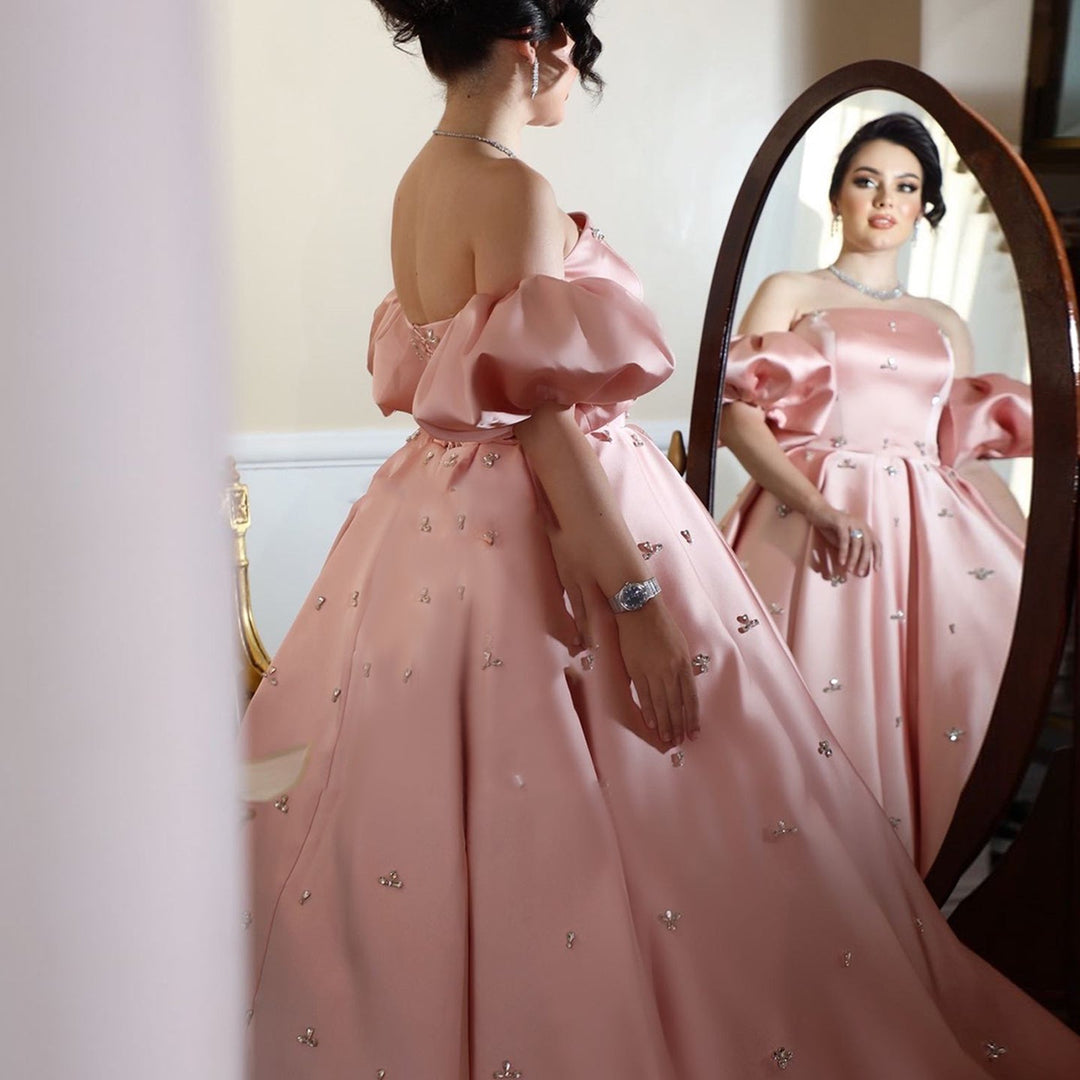 Dreamy Vow Arabic Women Blush Pink Satin Dubai Evening Dresses with Cap Sleeves Crystal Wedding Party Gowns SS442-DreamyVow