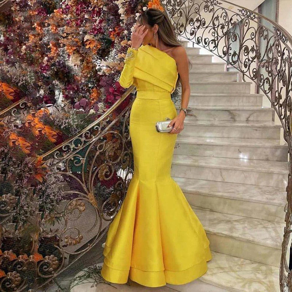 Dreamy Vow Arabic Yellow One Shoulder Mermaid Evening Dress with Cape Baby Blue Beaded Dubai Luxury Wedding Party Dress SF014-DreamyVow