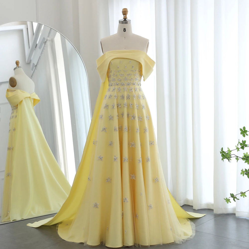 Dreamy Vow Arabic Yellow Satin Luxury Dubai Evening Dress with Cape 2024 Elegant Off Shoulder Women Wedding Party Gowns SS455-DreamyVow