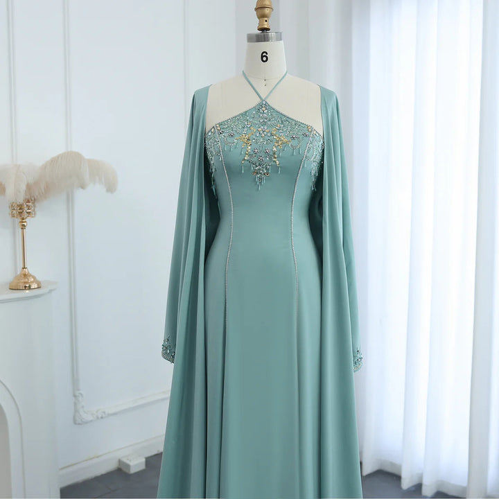 Dreamy Vow audi Arabic Sage Green Halter Evening Dresses with Cape Luxury Dubai Women Wedding Party Gowns SS301-DreamyVow