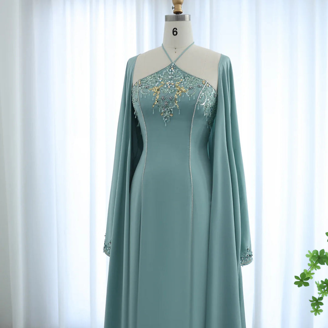 Dreamy Vow audi Arabic Sage Green Halter Evening Dresses with Cape Luxury Dubai Women Wedding Party Gowns SS301-DreamyVow