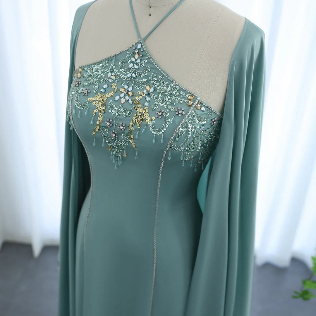 Dreamy Vow audi Arabic Sage Green Halter Evening Dresses with Cape Luxury Dubai Women Wedding Party Gowns SS301-DreamyVow