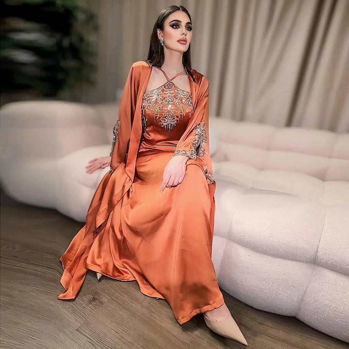 Dreamy Vow audi Arabic Sage Green Halter Evening Dresses with Cape Luxury Dubai Women Wedding Party Gowns SS301-DreamyVow