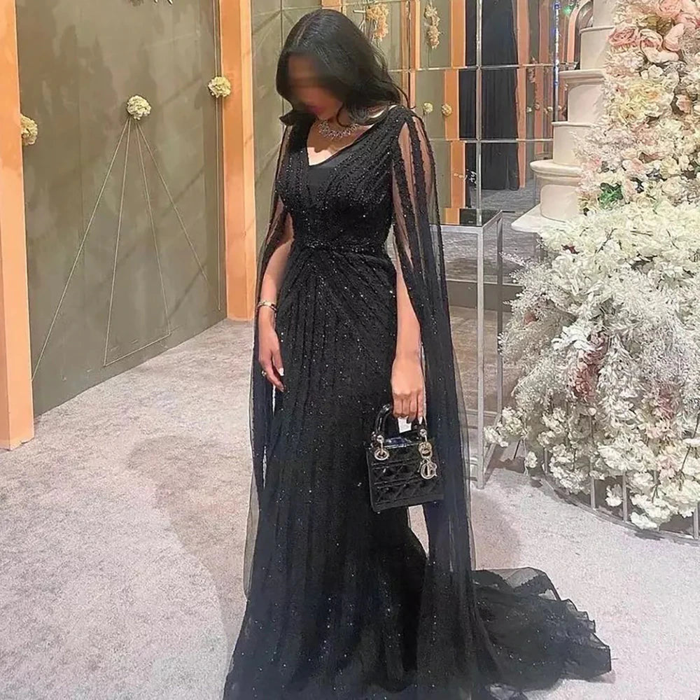 Dreamy Vow Black Arabic Mermaid Evening Dresses with Cape Sleeves 2023 Luxury Beaded Dubai For Women Wedding Party Gowns 218