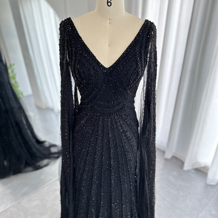 Dreamy Vow Black Arabic Mermaid Evening Dresses with Cape Sleeves 2023 Luxury Beaded Dubai For Women Wedding Party Gowns 218