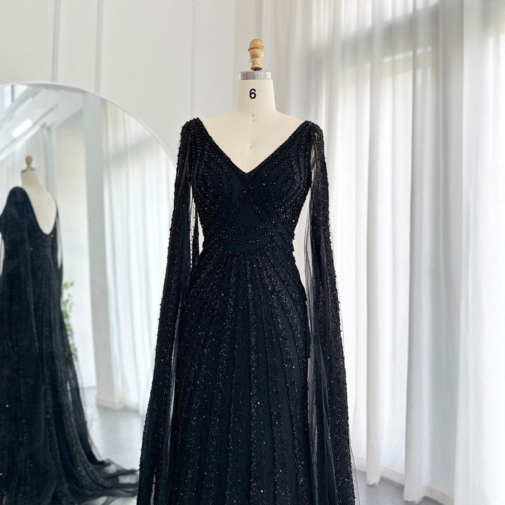 Dreamy Vow Black Arabic Mermaid Evening Dresses with Cape Sleeves 2023 Luxury Beaded Dubai For Women Wedding Party Gowns 218