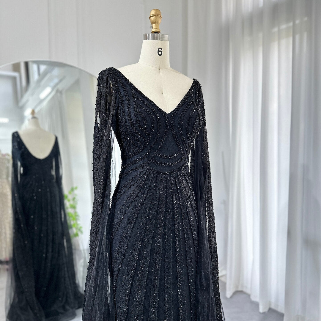 Dreamy Vow Black Arabic Mermaid Evening Dresses with Cape Sleeves 2023 Luxury Beaded Dubai For Women Wedding Party Gowns 218