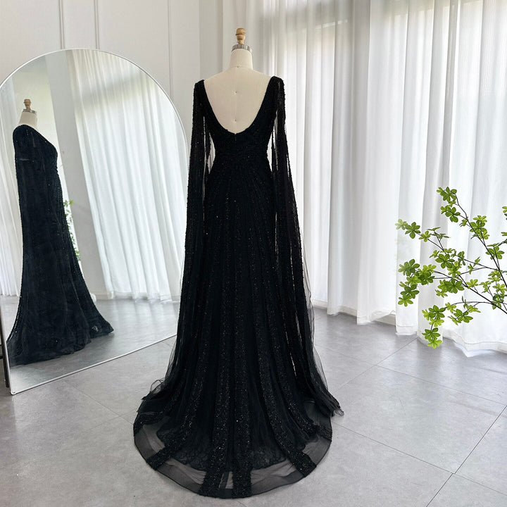 Dreamy Vow Black Arabic Mermaid Evening Dresses with Cape Sleeves 2023 Luxury Beaded Dubai For Women Wedding Party Gowns 218