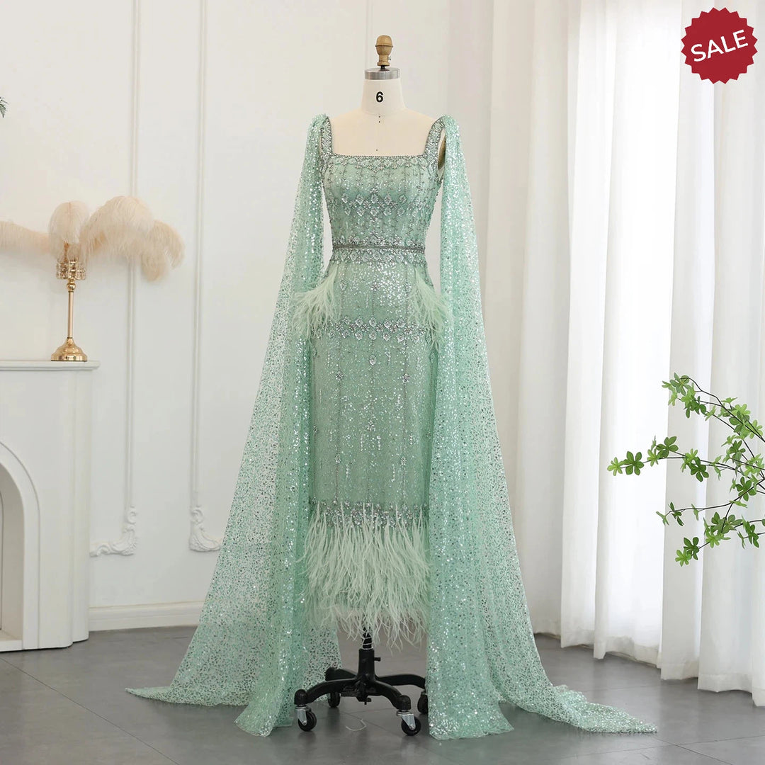 Dreamy Vow Bling Gray Mermaid Arabic Evening Dress with Cape Luxury Feather Dubai Formal Dresses for Women Wedding Party SS279-DreamyVow