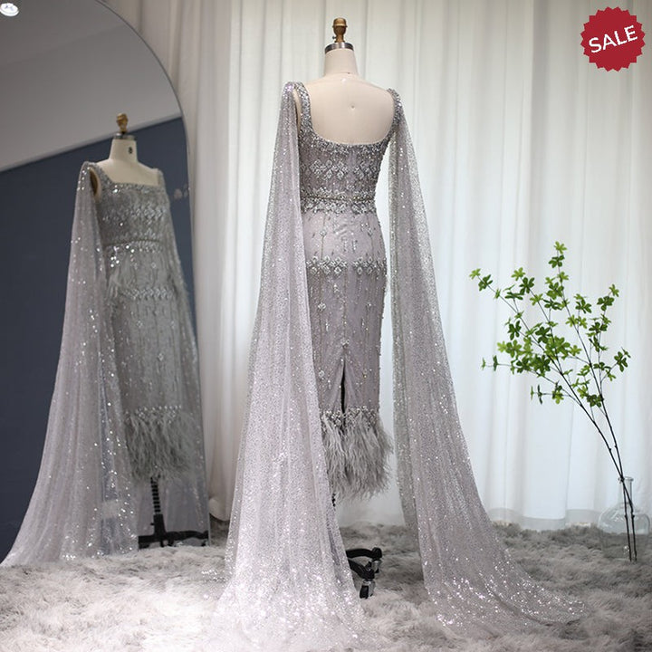 Dreamy Vow Bling Gray Mermaid Arabic Evening Dress with Cape Luxury Feather Dubai Formal Dresses for Women Wedding Party 279