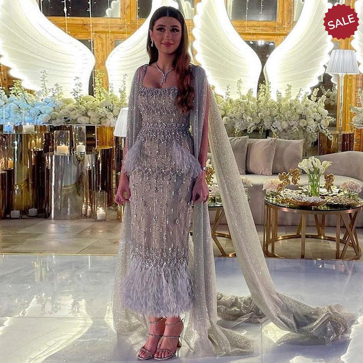 Dreamy Vow Bling Gray Mermaid Arabic Evening Dress with Cape Luxury Feather Dubai Formal Dresses for Women Wedding Party 279