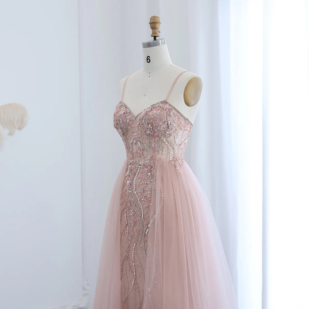 Blush Pink Evening Dresses with Overskirt Spaghetti Straps Sexy Long Luxury Wedding Party Prom Dress DreamyVow