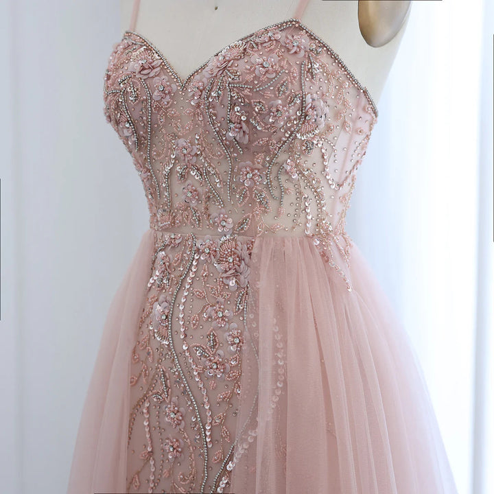 Dreamy Vow Blush Pink Dubai Evening Dresses with Overskirt Spaghetti Straps Sexy Long Luxury Wedding Party Prom Dress SS266-DreamyVow