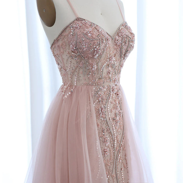 Dreamy Vow Blush Pink Dubai Evening Dresses with Overskirt Spaghetti Straps Sexy Long Luxury Wedding Party Prom Dress SS266-DreamyVow