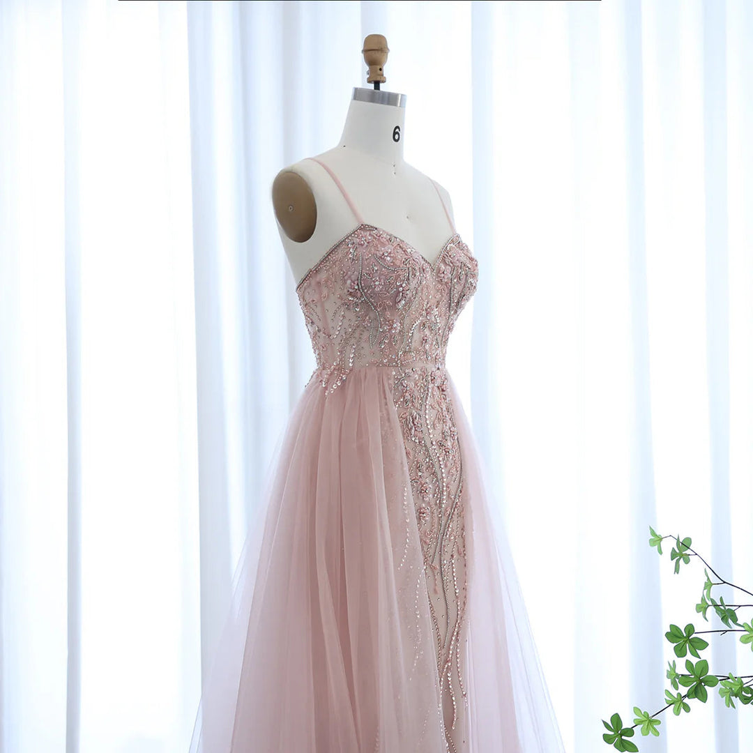 Dreamy Vow Blush Pink Dubai Evening Dresses with Overskirt Spaghetti Straps Sexy Long Luxury Wedding Party Prom Dress SS266-DreamyVow