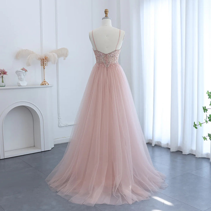 Dreamy Vow Blush Pink Dubai Evening Dresses with Overskirt Spaghetti Straps Sexy Long Luxury Wedding Party Prom Dress SS266-DreamyVow