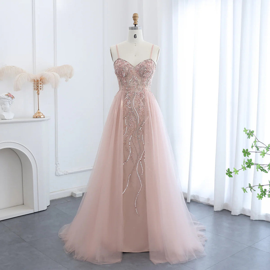 Blush Pink Evening Dresses with Overskirt Spaghetti Straps Sexy Long Luxury Wedding Party Prom Dress DreamyVow