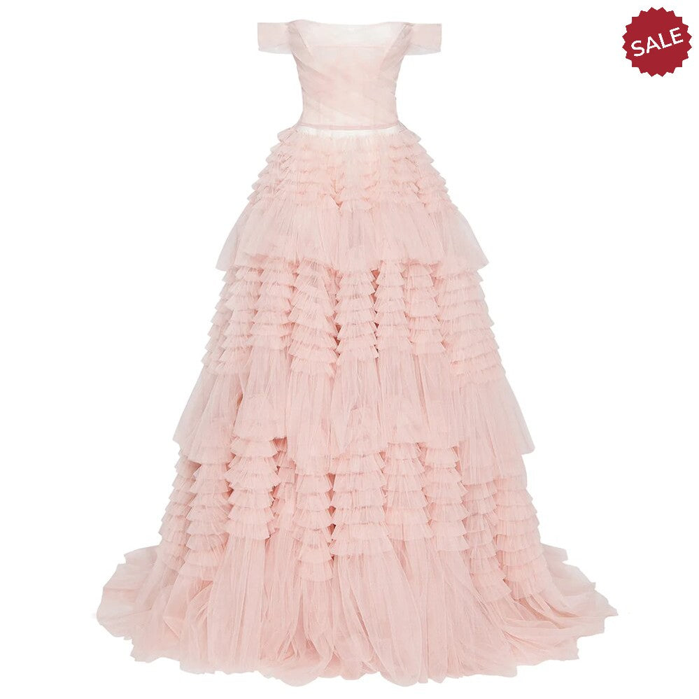 Dreamy Vow Blush Pink Off Shoulder Ruffles Evening Dress for Women Wedding Elegant Tiered Ball Gown Prom Party Desses SF087-DreamyVow