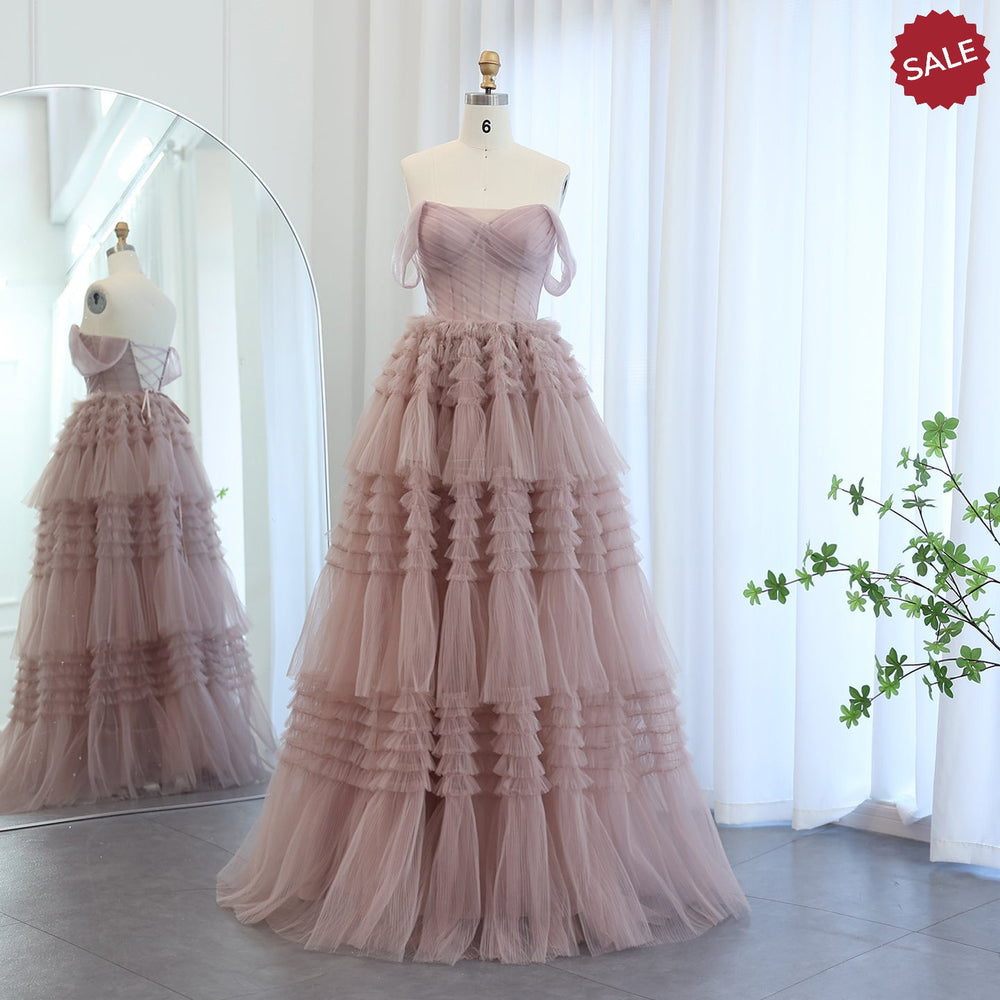 Dreamy Vow Blush Pink Off Shoulder Ruffles Evening Dress for Women Wedding Elegant Tiered Ball Gown Prom Party Desses SF087-DreamyVow