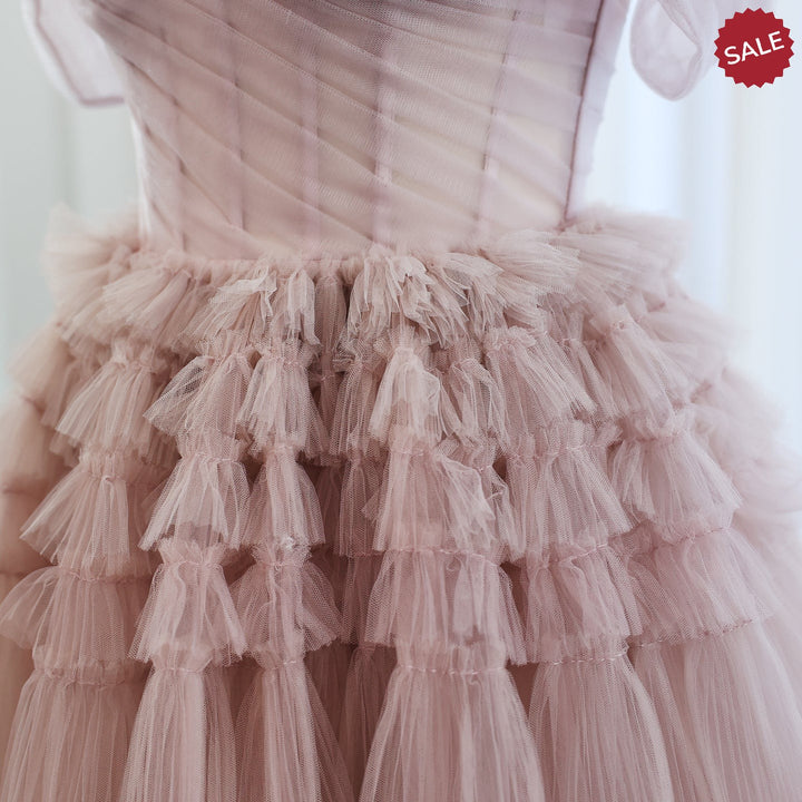 Dreamy Vow Blush Pink Off Shoulder Ruffles Evening Dress for Women Wedding Elegant Tiered Ball Gown Prom Party Desses SF087-DreamyVow