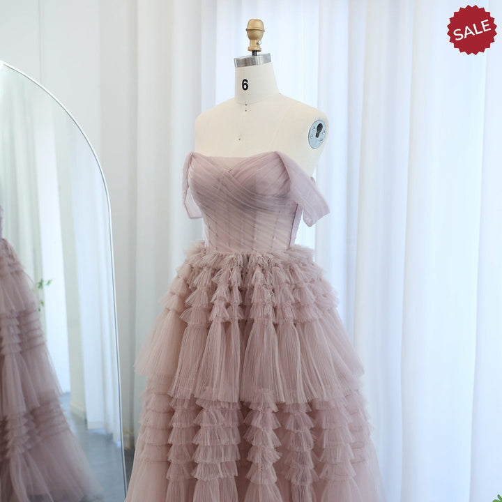 Dreamy Vow Blush Pink Off Shoulder Ruffles Evening Dress for Women Wedding Elegant Tiered Ball Gown Prom Party Desses SF087-DreamyVow