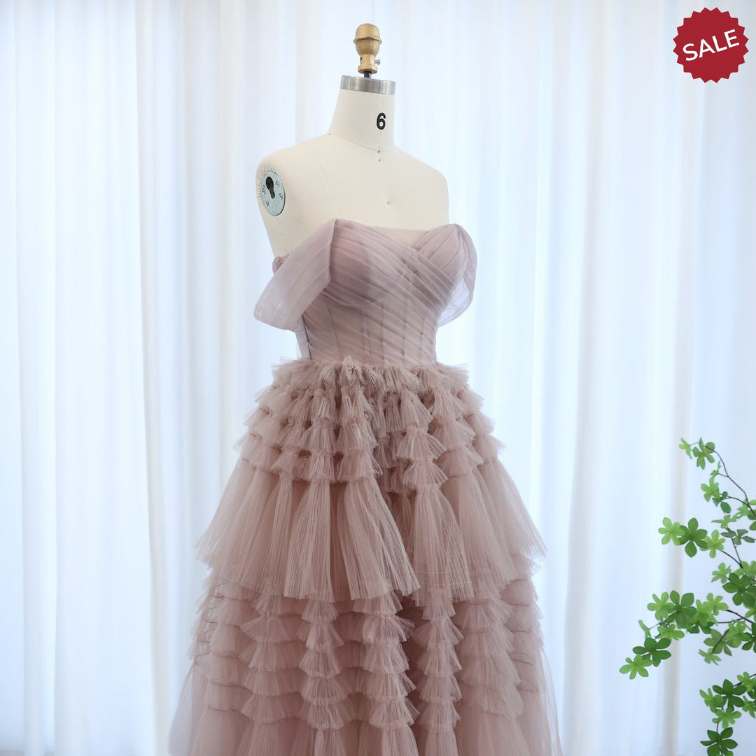 Dreamy Vow Blush Pink Off Shoulder Ruffles Evening Dress for Women Wedding Elegant Tiered Ball Gown Prom Party Desses SF087-DreamyVow