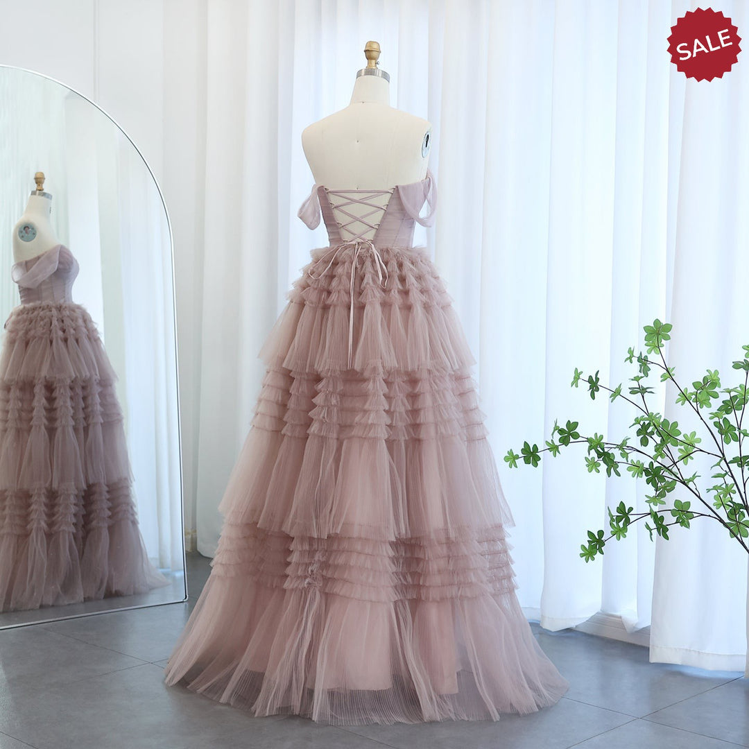 Dreamy Vow Blush Pink Off Shoulder Ruffles Evening Dress for Women Wedding Elegant Tiered Ball Gown Prom Party Desses SF087-DreamyVow