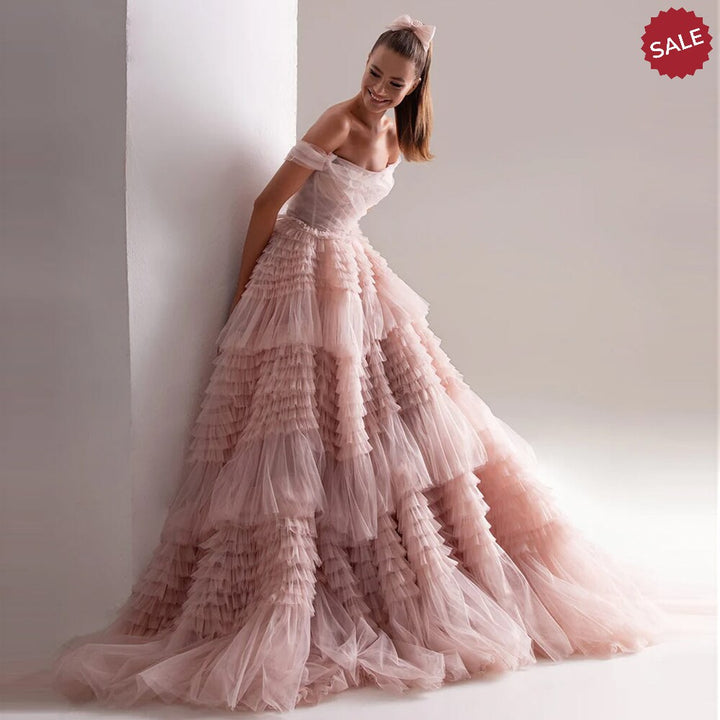 Dreamy Vow Blush Pink Off Shoulder Ruffles Evening Dress for Women Wedding Elegant Tiered Ball Gown Prom Party Desses SF087-DreamyVow