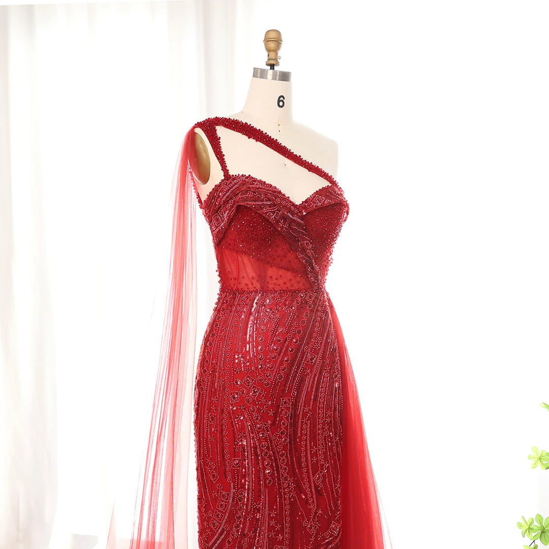 Dreamy Vow Burgundy One Shoulder Mermaid Evening Dresses with Cape Overskirt Women Wedding Party Long Prom Formal Gowns SS129-DreamyVow