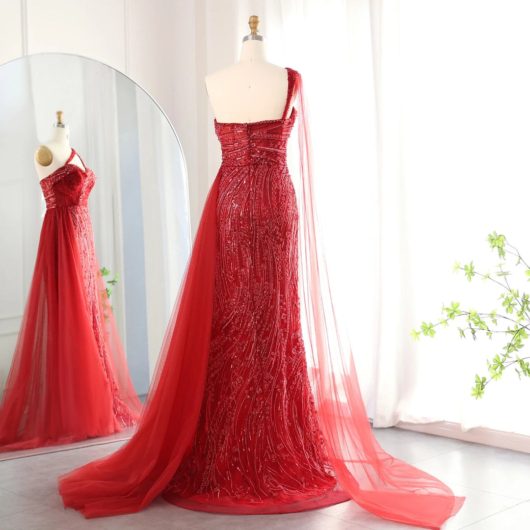 Dreamy Vow Burgundy One Shoulder Mermaid Evening Dresses with Cape Overskirt Women Wedding Party Long Prom Formal Gowns SS129-DreamyVow