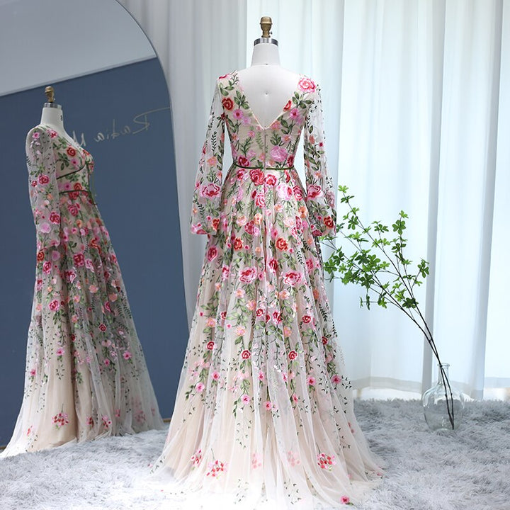 Dreamy Vow Champagne Embroidery Long Evening Dresses 2023 Garden Floral Tulle A-line Formal Prom Dress for Women Wedding Party SS231-DreamyVow